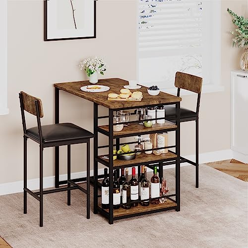 Petite Table De Cuisine pour 2 Personnes, Ensemble Table De Bar Et Chaises avec 3 éTagèRes, Chaise à Manger Haute avec Chaises RembourréEs en PolyuréThane pour La Maison Et l'Appartement (Marron)