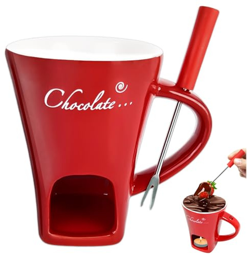 Chocolate Fondue Mug with Fork, Chocolate Melting Cup Ceramic Tea Light Heating Butter Warmer Cheese Warmer Cup Melting Chocolate Pot for Date Night Birthday Wedding Gifts(Excluding Candles)