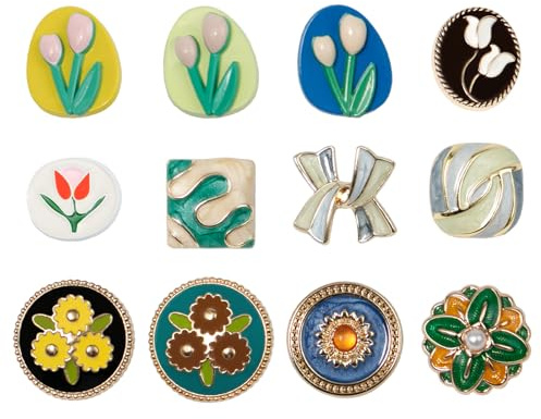 Sxutop 12 Pezzi Bottoni Smaltat a Forma di Fiore Retrò Vintage Bottoni con Gambo in Lega con Artificiali Perle Pulsanti Fantasia per Gioielli, Abbigliamento, Borse, Camicie e Sciarpe, Fai Da Te