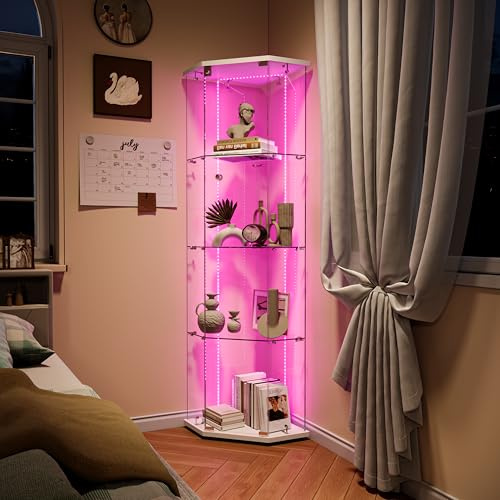 Vetrina Angolare Moderna con Illuminazione a LED, Vetrina in Vetro con LED 4 Ripiani, Vetrina Espositiva Vetro, 1 Ante con Serratura, per Soggiorno/Ufficio/Sala Giochi, Bianco LED