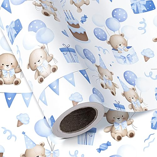 Ruspepa björn baby shower omslagspapper rulle – minirulle – 43,2 cm x 5 m – nallebjörn baby pojke omslagspapper, perfekt för barn pojkar födelsedag, nyfödd presentförpackning