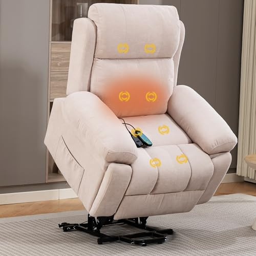 AISALL Poltrona relax con supporto per alzarsi, poltrona massaggiante elettrica con funzione termica, 2 tasche laterali e portabevande invisibile, per anziani, poltrona per TV (beige)