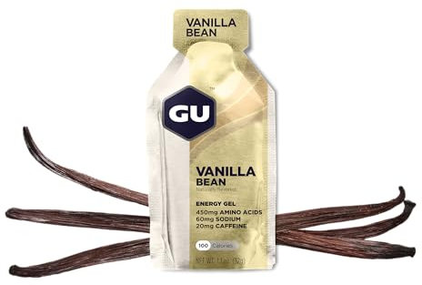 Energy Gels 24 Pack Vanilla Bean Flavour - Running Gels Energy Triathlon Pre-Workout and Endurance Sports Gel with Carbohydrates Sodium Caffeine Pouches Amino Acids Electrolyte Gel Fuel Gym Food
