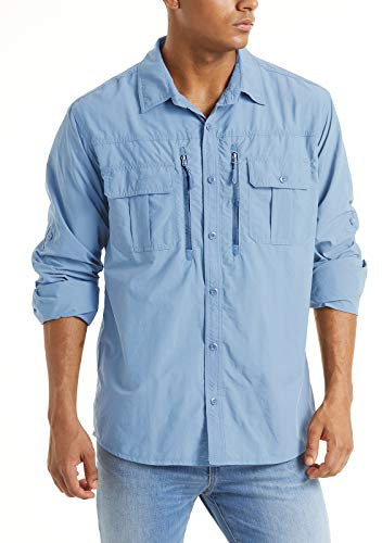 TACVASEN Fishing Shirt for Men Quick Dry Fit Long Sleeve Shirt Button Up Tactical Shirt Sun Protection Breathable Work Shirt Cooling Safari Sky Blue XL