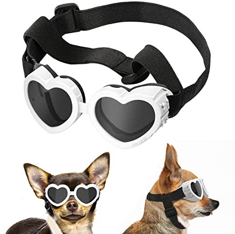 Lewondr Sonnenbrille für Kleine Hunde - UV Schutzbrille, Hunde Herzförmige Winddichte Antibeschlagbrille, wasserdichte Hundebrille mit Einstellbarem Gummiband - Weiß