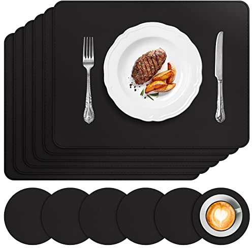 APLKER Tischset Leder 6er Set - Kunstleder Platzset Abwaschbar, Hitzebeständig Doppelseitigen Wasserdicht Platzdeckchen Lederoptik mit Tischuntersetzer, 16 x 12 Zoll,Schwarz