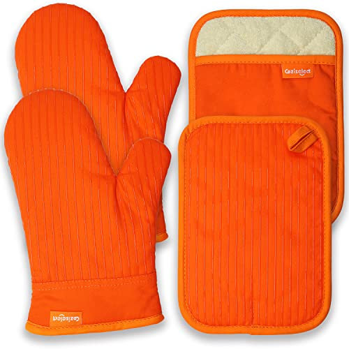 Coziselect Gants de Four, Gants de Cuisine Anti Chaleur à la Chaleur et Set de Maniques, Design Antidérapant en Silicone, Adaptés pour la Cuisine, la Cuisson au Four, Les Grillades, Orange
