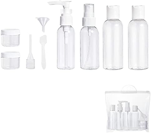 9 Stück Transparente Reiseflaschen Set, Reiseflaschen zum Befüllen, Flaschen Handgepäck, Enthält 4 Reisefläschchen (je 75 ml), 2 Tiegel mit Gesichtscreme, 1 kleinen Trichter, 1 Pipette und 1 Spatel