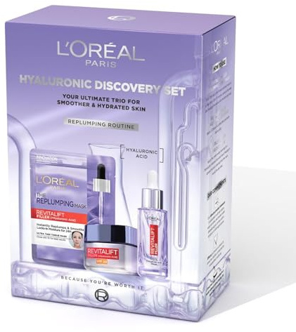 L'Oréal Paris Hyaluronic Discovery Set Gift Set - Revitalift Filler 1.5% Hyaluronic Acid Serum, Day cream and Replumping Tissue Mask