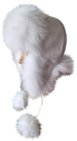 MERRYLAND Damen Mütze ECHTFELL Fliegermütze Weiß mit Leder Pilotenmütze Hat Real Leather Fur Trappermütze Black Echt Fell Pelzmütze Fellmütze