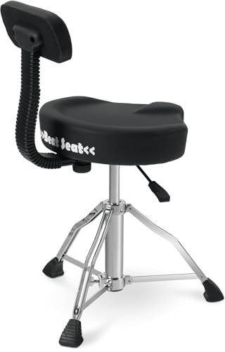 XDrum BeatSeat Taburete de batería con respaldo, asiento tipo sillín, soporte lumbar, tapizado en piel sintética negra, altura ajustable 45-60 cm, patas dobles antideslizantes de goma.