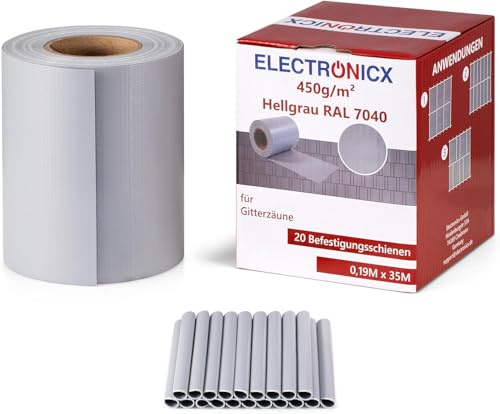 Electronicx Strisce frangivista in PVC grigio chiaro (RAL 7040) | Pellicola frangivista per recinzione a doppia asta, 35 m x 19 cm | 450 g/m² | resistente ai raggi UV, opaca, con 20 clip di fissaggio