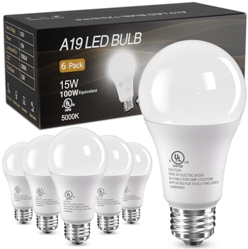 TJOY 6 Pack LED Light Bulbs, 100 Watt Equivalent A19 Lightbulbs, 15W 5000K Daylight White, Bright Energy Efficient LED Bulb, 1500 Lumens E26 Standard Screw Base Lamp for Kitchen Indoor, Non-Dimmable