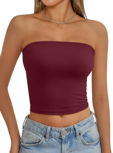 AUTOMET Womens Strapless Tube Tops Bandeau Crop Tops Burgundy M