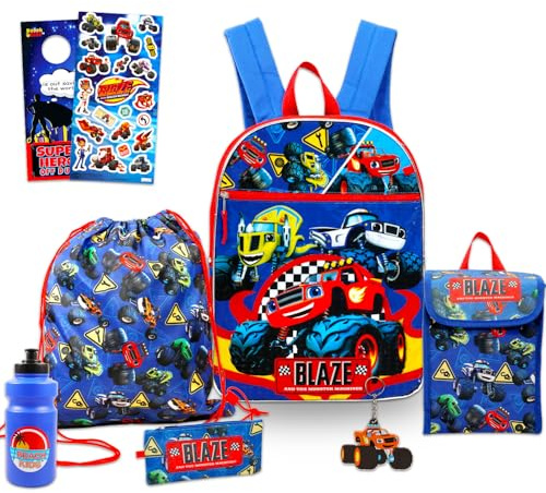Blaze and the Monster Machines - Zaino con portapranzo per bambini, confezione da 5 pezzi con zaino da 40,6 cm, borsa per il pranzo, portapenne, adesivi, molto altro ancora | Blaze and the Monster