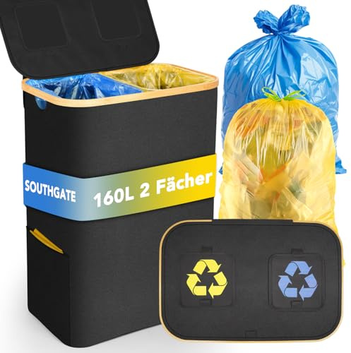 SOUTHGATE Gelber Sack Ständer 2 Fächer | 160L Stabiler Müllsackständer für 70-90L Müllsäcke x 2 | Geruchsdichter Mülleimer mit Deckel | Müllsystem für Küche & Haushalt | Gelber Sack Behälter Schwarz