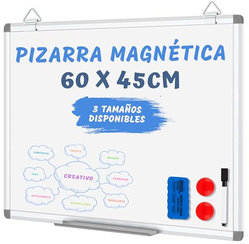 JUPPLIES Pizarra Blanca Magnética de Pared 60x45 cm con Marco de Aluminio y Bandeja – Incluye Rotulador, Imanes y Borrador – Whiteboard Ideal para Oficina, Escuela o Cocina, Fácil de Instalar