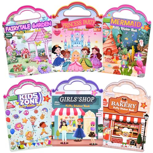 Cosomia 6 Set (260pcs) Puffy Sticker Books Activity for Girls, Reusable Stickers Book, Fairytale+Garden+Princess Party+Mermaid+Kids Zone+Girls' Shop, Travel Book for Kids Ages 3+