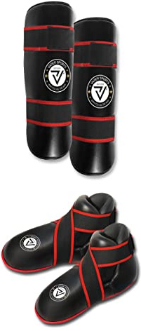 VADER Kickboxing Shin Pads & Foot Pads Set Semi Contact Boxing Sparring Karate Shin Guards with Foot Protectors MMA Taekwondo Martial Arts Training Black Shin Guards for kids/Adults