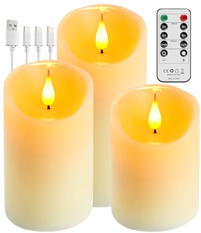 Broyal 3 Stück Led Kerzen Aufladbar,Led Kerzen mit Timerfunktion,Flammenlose Kerze mit Fernbedienung,Kerzen Led Flackernd LED-Säule Kerzen für Camping Home Halloween Weihnachten Decoration