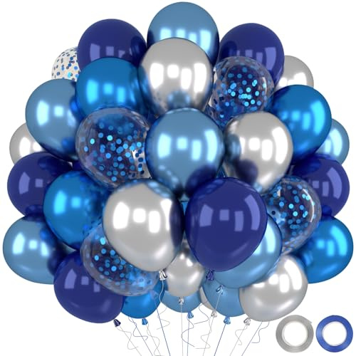 QIFU Blue and Silver Balloons, 52pcs Navy Blue Birthday Balloons with Confetti Balloon, Metallic Helium Balloon for Birthday Party Decorations Boys Baby Shower Christening Engagement, 12 Inch
