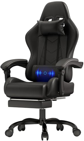 JUMMICO Gaming Stuhl Massage, Bürostuhl Ergonomisch Mit Massage-Lendenkissen, Gamer Stuhl verstellbare Rückenlehne 90-150°,und fußstütze, Gamingstuhl 150 kg belastbarkeit, Schwarz