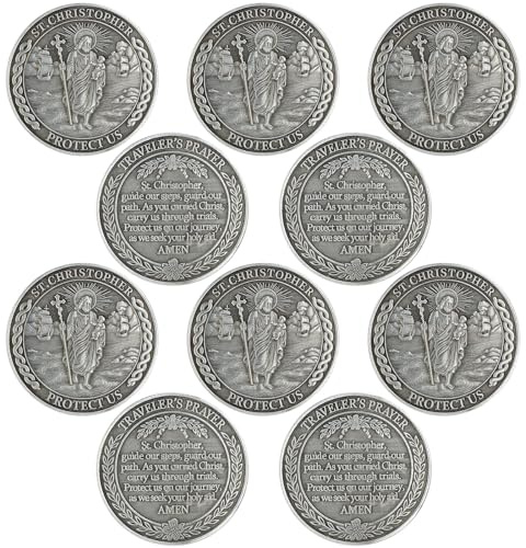 Misdary 10 Pcs St Christopher Pocket Coin Sliver Saint Christopher Traveler Protection Guardian Medallion Patron Saint of Travelers Religious Challenge Coin Token for Safe Journeys and Blessings
