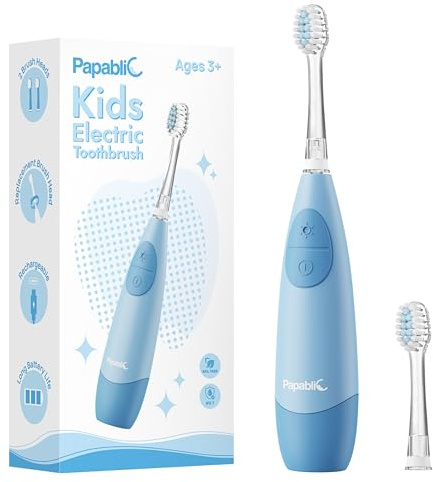 Papablic Kids Electric Toothbrush for Ages 4+ Children Girls and Boys, USB Rechargeable with Smart Brushing Timer, LED Light & 2 Replacement Brush Heads, Blue
