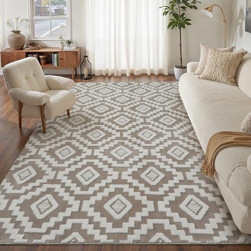 PureCozy Alfombra para salón, 240 x 300 cm, grande, mullida, de pelo corto, lavable, moderna, XXL, efecto 3D, antideslizante, para comedor, habitación infantil, dormitorio, color marrón claro
