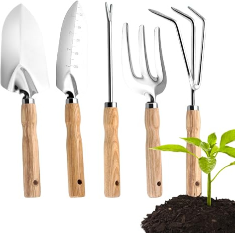 Set di Attrezzi da Giardino,5 Pezzi Forche Resistente in Acciaio Inossidabile con Manici in Legno - Kit Iniziale Per Giardinaggio - per Fiori Primaverili Serra Annaffiare Piante