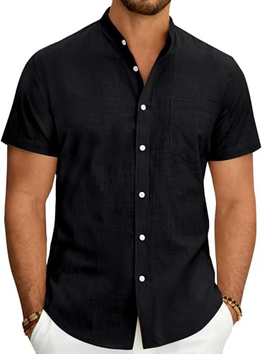 J.VER Linen Shirts Men Grandad Collar Collarless Casual Lightweight Short Sleeve Summer Holiday Hawaiian Wedding Shirt with Pocket Black M