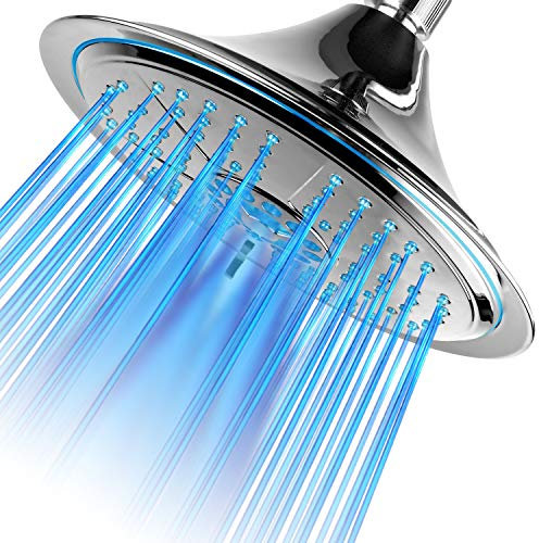 DreamSpa Ultra-Luxury Extra-Large 8 Inch Chrome Face 5-Setting Rainfall LED Shower-Head by Top Brand Manufacturer. Color of LED Lights Changes Automatically According to Water Temperature