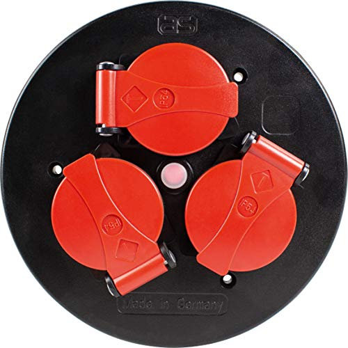 as - Schwabe 3-fach-Steckdoseneinsatz für Kabeltrommeln 230V/16A, mit Klappdeckel rot, abgesichert durch Thermoschutzschalter, mit montierter Zugentlastung und Dichtung, IP44, Schwarz, 10565