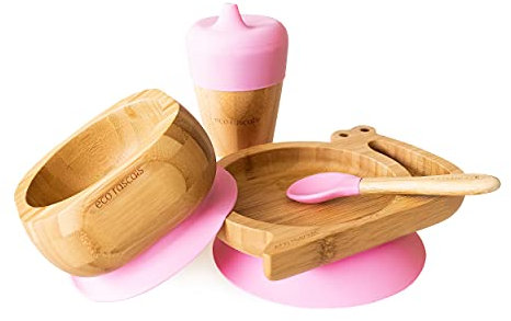 eco rascals Bamboo Gift Set - Complete Weaning Set of Snail Plate, Suction Bowl, Matching Spoon & Cup with Sippy Feeder from 6 Months, Eco Friendly Set for Babies & Toddlers (Snail Gift Set Pink)