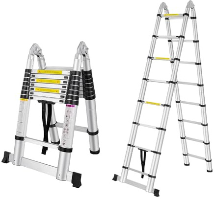 UISEBRT 3,8 m teleskopstege hopfällbar teleskopstege i aluminium utdragbar stege teleskopdesign multifunktionsstege 1,9 m + 1,9 m vikbar stående stege 150 kg lastkapacitet, silver