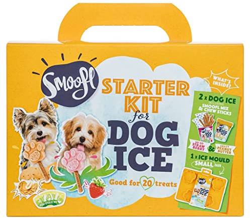 Smoofl Kit de Glace pour Chien - Set avec 2 Mélanges goût Fraise et Beurre à Cacahuètes - Moule en Silicone pour Chien Moyen - 20 Bâtonnets à Macher