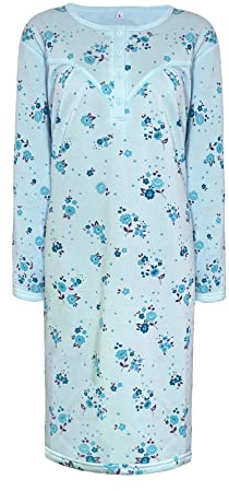 i-Smalls Women’s Thermal Fleece Nightdress - 65% Cotton Floral Nightie - Long Sleeve Warm Winter Nightgown - Ladies Plus Size Soft Fleece Nightwear - (M) Blue