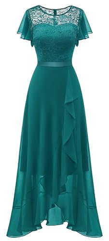Berylove Vestido de noche largo y elegante para boda, vestido de cóctel, elegante, con mangas, cintura elástica, verde pavo real, L