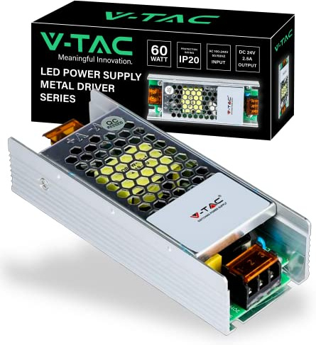 V-TAC Transformateur LED 60W 24V 2.5A avec 1 Sortie - Adaptateur Alimentation Rubans LED - Transformateur Métallique pour Appareils Electroniques, Caméras, Ecrans - Ultra Slim - AC 100-240V