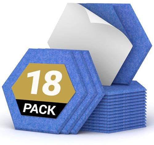 TONOR Lot de 18 Panneau Acoustique Mural Autocollante, 30 x 26 x 1cm Panneau Acoustique à Haute Densité, Mousse Acoustique Hexagonal Isolant Phonique pour Studio, Bureau, Chambre, Salon, Bleu