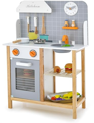 COSTWAY Wooden Kids Play Kitchen, Pretend Kitchen Toy Set with Cookware Accessories, Realistic Sound, Cute Clock, Spice Rack & Dish Rack, Children Role Play Chef Cooking Set for Boys & Girls