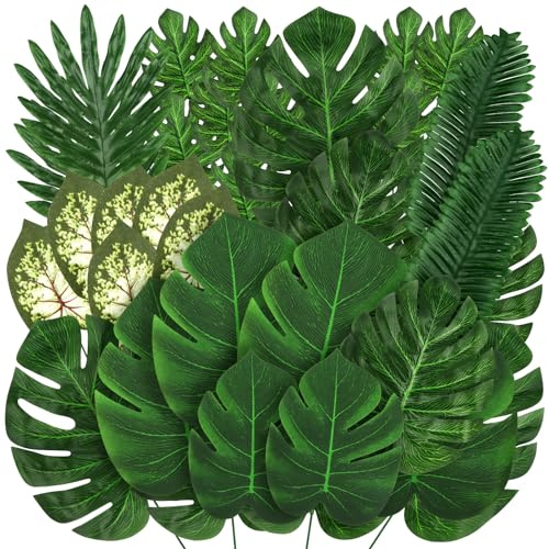 QUOZUO Jungle Party Decorations, 78 Pieces Artificial Palm Leaves Green Tropical Leaves with Stems, Jungle Leaves Decorations for Hawaiian Luau Party Jungle Beach Table