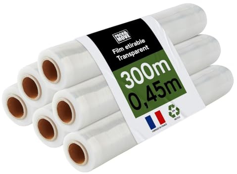 Pack and Move - Lot 6 rouleaux film étirable - 300 m - Transparent - Film déménagement Film emballage Film palette Film protection