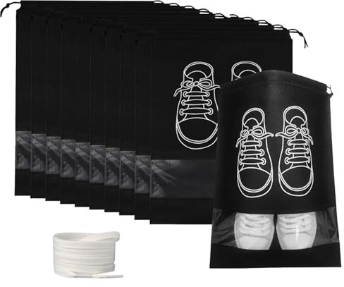 Reiseschuhtasche,10 Stück Tragbare Schuhbeutel 32x44 cm,Wiederverwendbar wasserdichte Schuhaufbewahrungstasche mit durchsichtigem Fenster,Kordelzug Staubdichte Reise Schuh Aufbewahrungstasche,schwarz