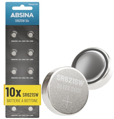 Absina Knappcell 364 1.55 V 10 st Silveroxid | Knappcell SR621SW läckagesäker och lång hållbarhet – batteri SR 621 SW/SR621/V364 – klockknappcell