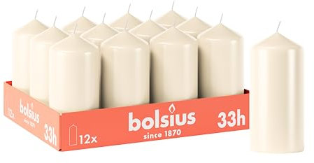 Bolsius Glatte Stumpenkerzen - Elfenbein - 12 Stück - 12 x 6 cm - Dekorative Haushaltkerzen - Brenndauer 33 Stunden - Unparfümierte - Enthält Natürliches Pflanzenwachs - Ohne Palmöl