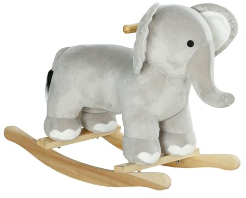 AIYAPLAY Cavallo a Dondolo per Bambini a Forma di Elefante, Cavalluccio a Dondolo Cavalcabile in Legno e Peluche con Base e Suoni Realistici, 2-4 Anni, 64.5x31x52 cm, Grigio
