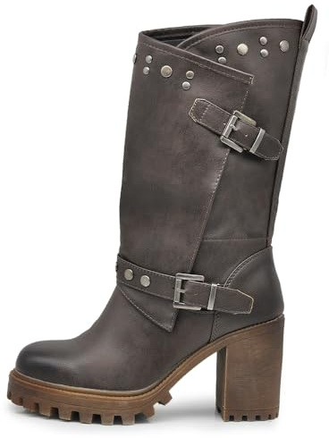 IF FASHION Botines de mujer con tacón grueso plataforma tachuelas piel sintética G669, 673 Brown, 37 EU