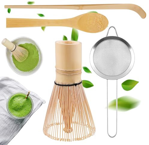 Sporgo Matcha-Schneebesen Set: 4er Japanisches Matcha Teezeremonie Zubehör, Traditionelle Schaufel, Bambus-Teebesen, Teelöffel, Teesieb, Matcha Whisk Matchabesen für Matchapulver Zeremonie