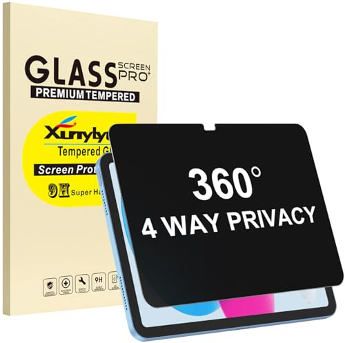 XunyLyee 360° 4 Way Privacy Screen Protector for iPad A16 11th/ 10th Gen | (11/10.9 Inch 2025/2022 Release), 360 Degree Anti-Spy Tempered Glass Film, Case Friendly, Apple Pencil Support